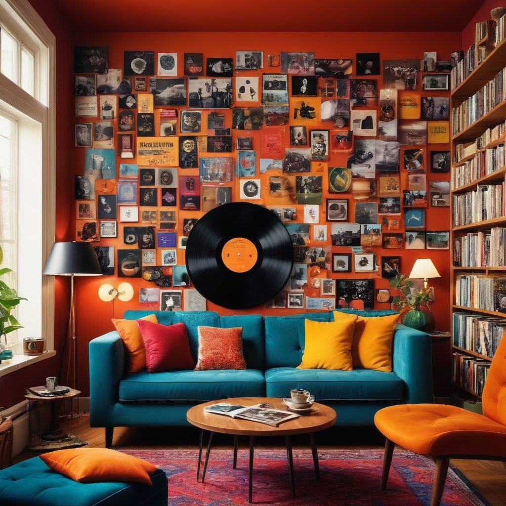 A vibrant collage showcasing the essence of a music lover's paradise, featuring vinyl records, musical notes swirling around, a warm and inviting atmosphere with cozy seating and bookshelves filled with concert memorabilia. Include a diverse group of fans enjoying live music, smiling and sharing their experiences. The backdrop should reflect an eclectic blend of colors and styles that represent various musical genres. super-realistic. vibrant colors. cozy ambiance.