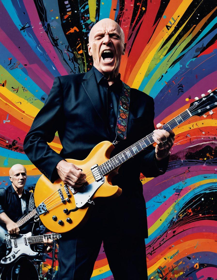 A dynamic collage showcasing Wilko Johnson performing on stage with his iconic guitar, surrounded by vibrant musical notes and abstract waves representing sound. Include a passionate crowd in the foreground, expressing their love for rock music. The background features an electrifying mix of colors that embody the energy of rock and roll. super-realistic. vibrant colors. 3D.