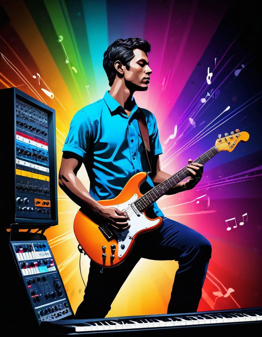 A vibrant illustration capturing the transformation of a guitarist on stage into a music producer in a modern studio, surrounded by musical notes and soundwaves flowing between the two settings. Include elements like a bright spotlight and instruments, melding the energy of live performances with the creativity of studio production. Retro and contemporary styles intertwine, symbolizing the evolution of sound. colorful. dynamic. 3D.